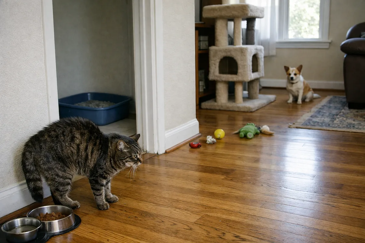Aggressive cat facing another pet indoors