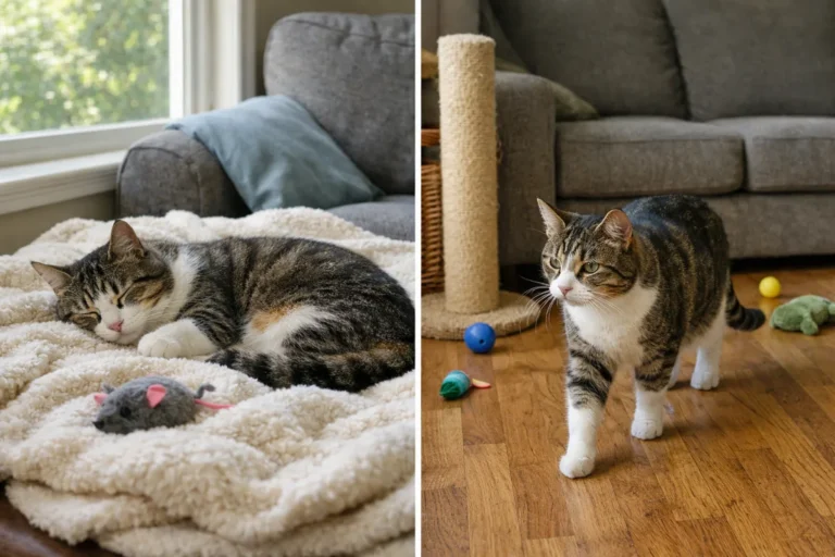 Cat resting beside a toy, then moving to explore
