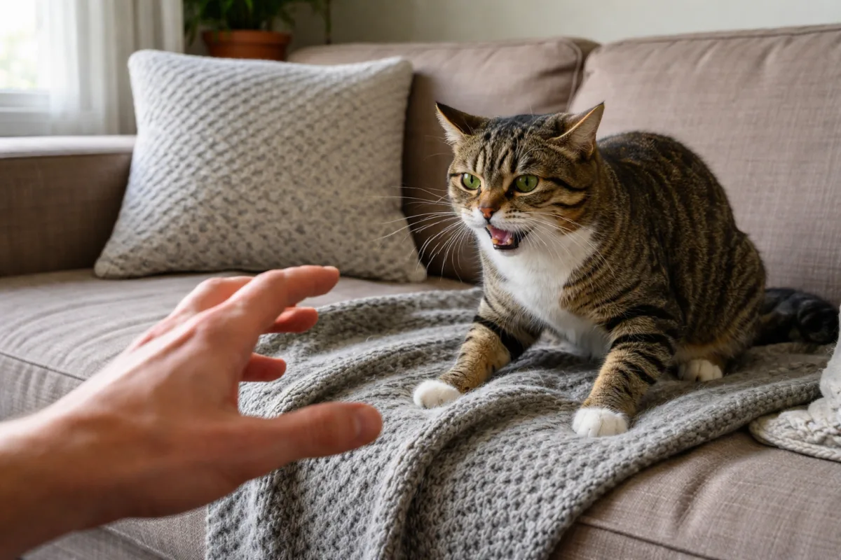 Cat near a hand, showing tense body language