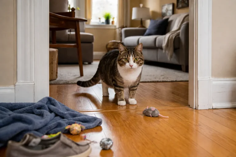 Cat leaving a toy at the doorway
