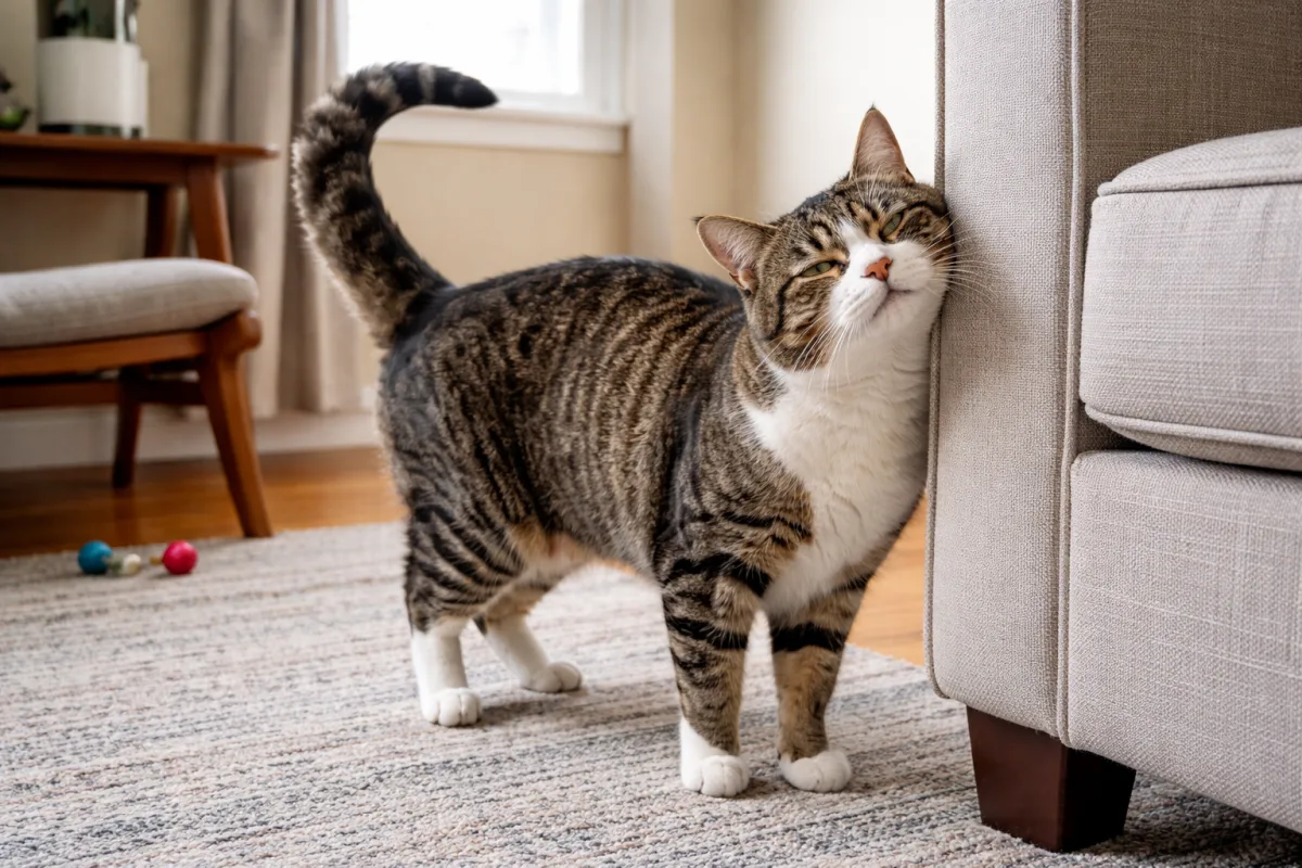 Cat rubbing face against a sofa edge