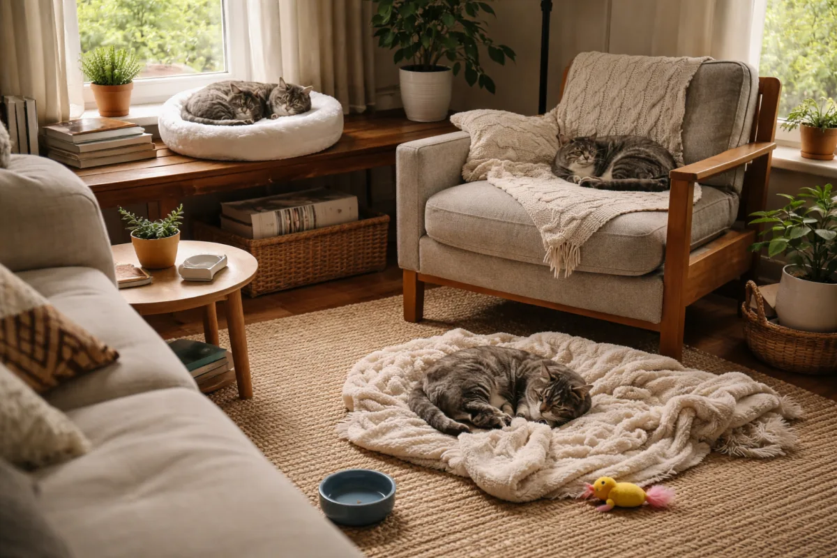 Cat resting in several sleeping spots