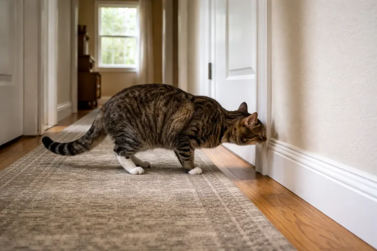 Cat inspecting a hallway corner