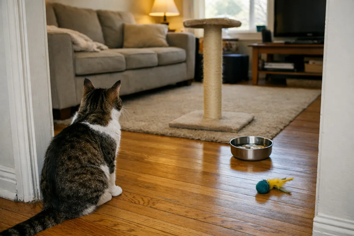 Cat watching a room before approaching