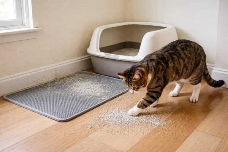 Cat digging beside a litter box