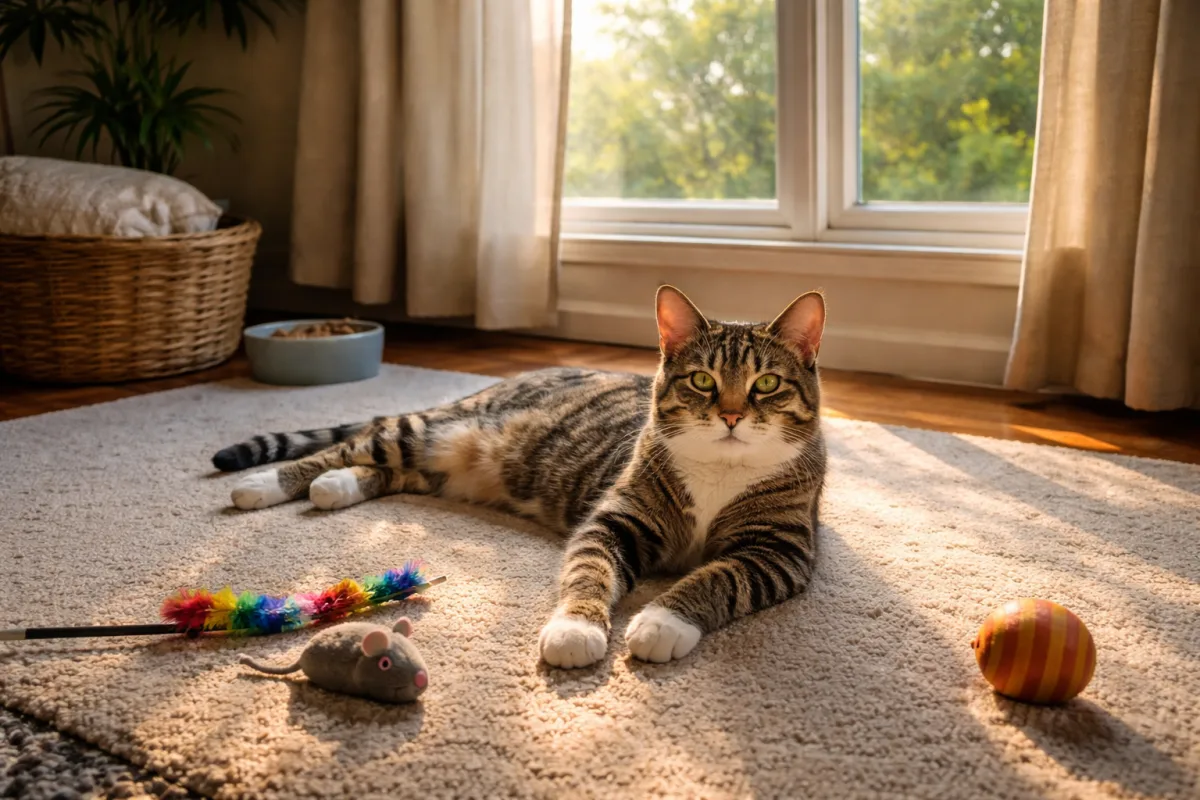 Cat resting beside a morning window and toys
