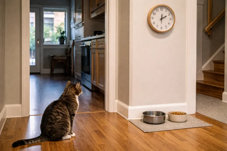 Cat waiting near a kitchen routine