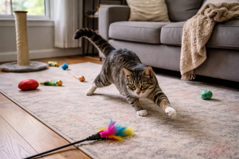 Cat pouncing on a feather toy