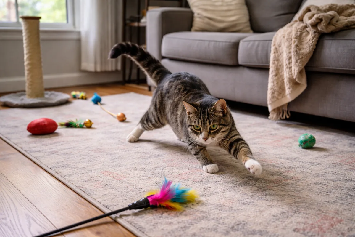 Cat pouncing on a feather toy