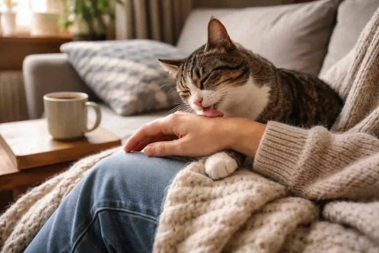 Cat licking a person’s hand on a couch