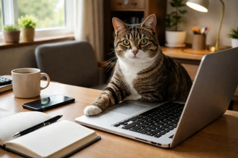 Cat blocking a laptop on a desk
