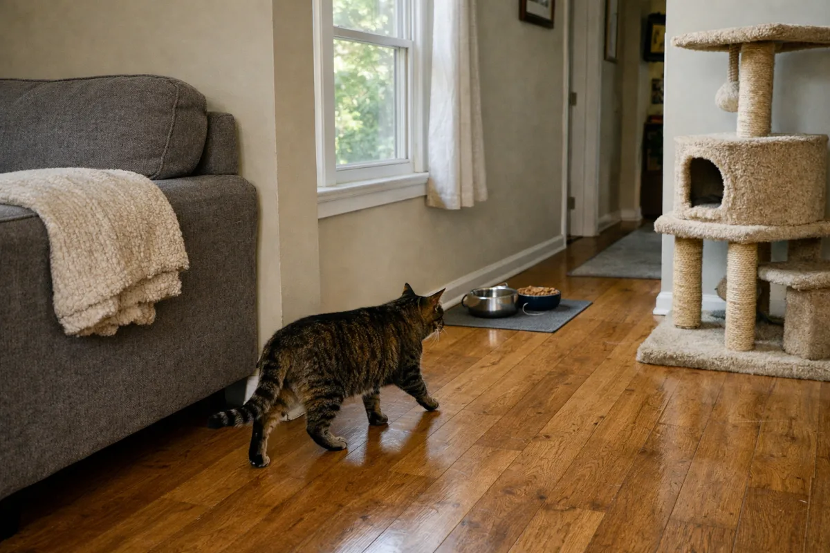 Cat walking a familiar indoor route