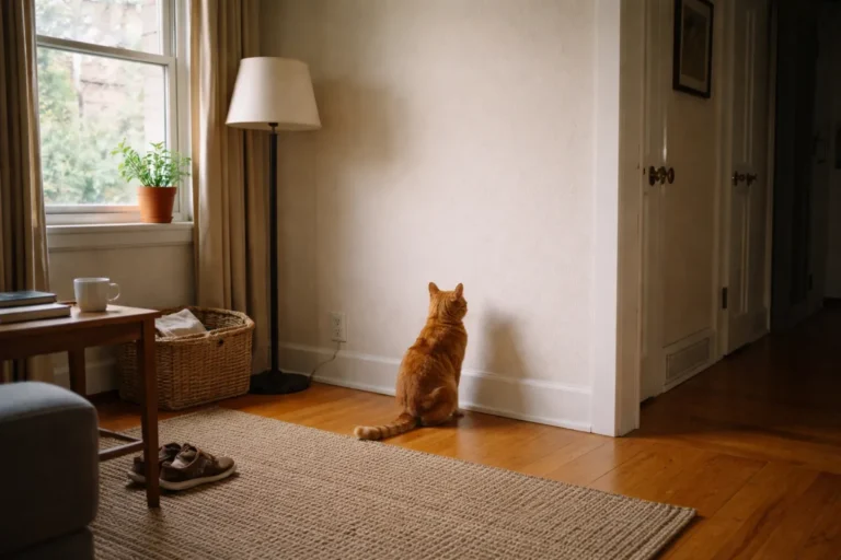 Cat staring at an empty hallway corner