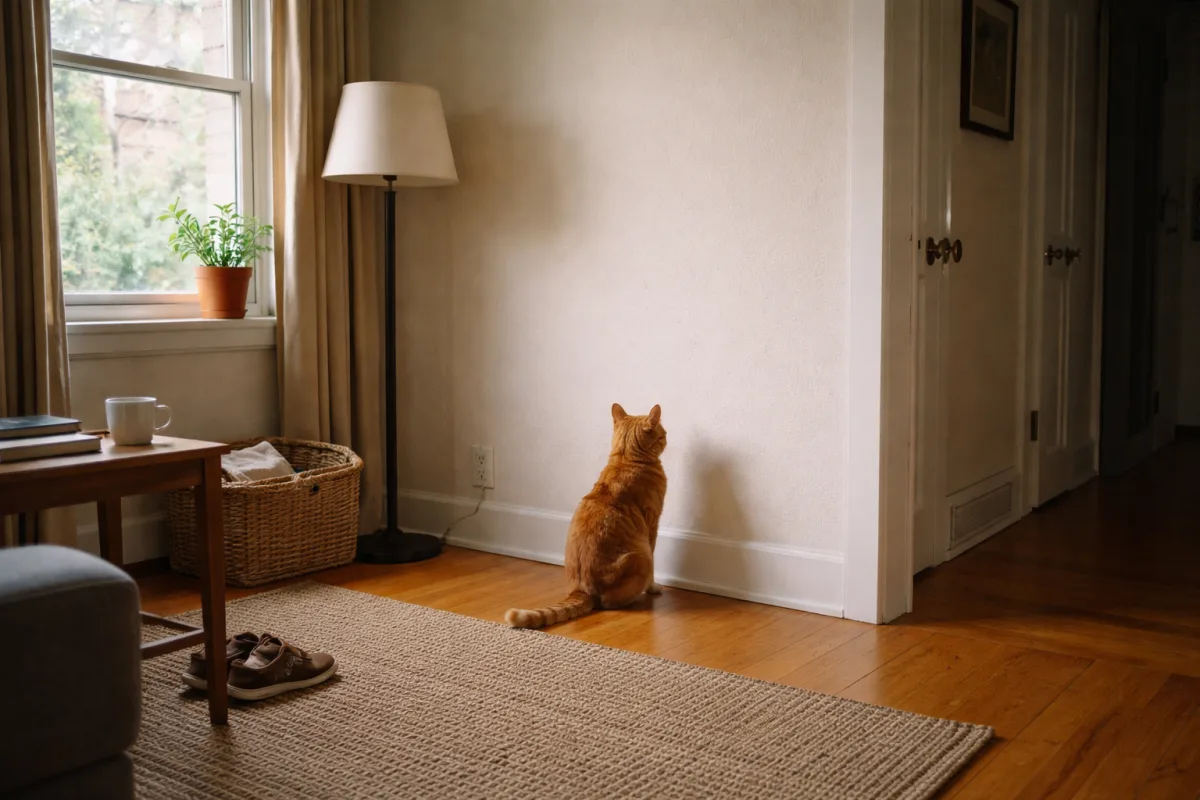 Cat staring at an empty hallway corner
