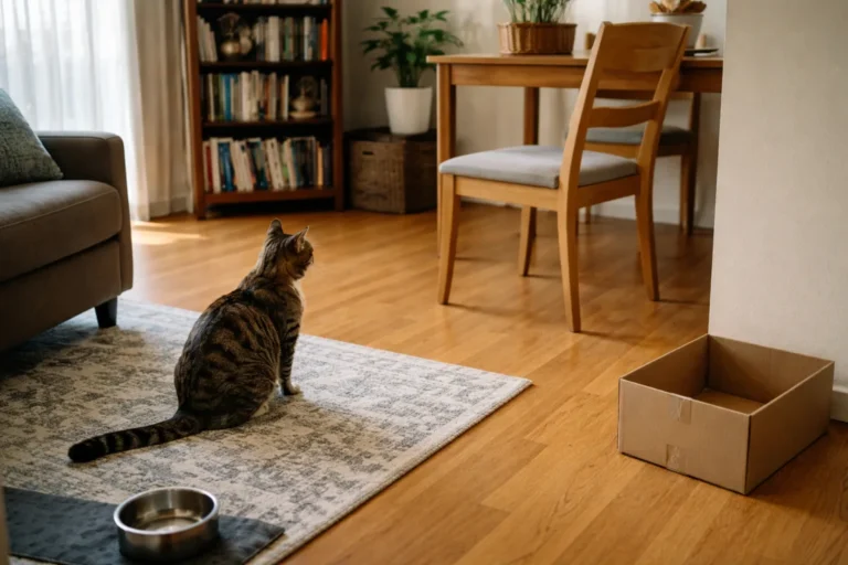Cat staring at a moved chair in a quiet room
