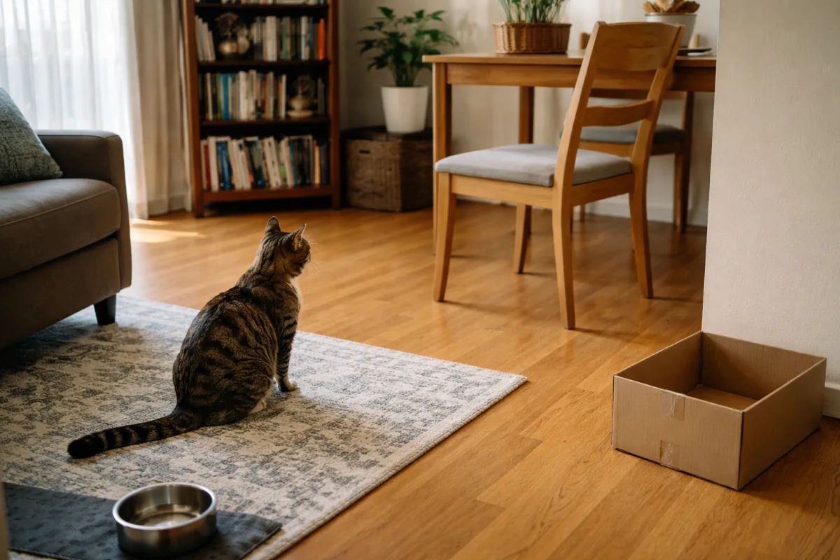 Cat staring at a moved chair in a quiet room