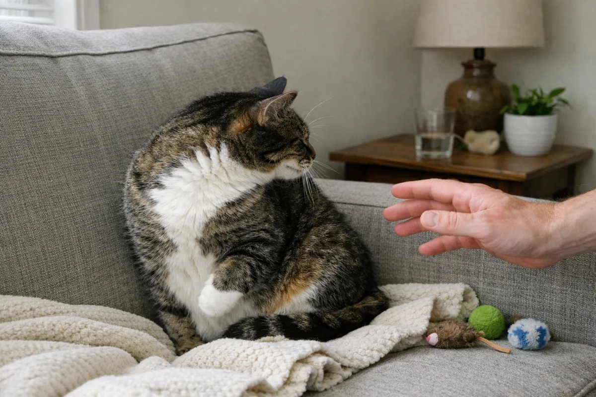 Cat avoiding a reaching hand on the couch
