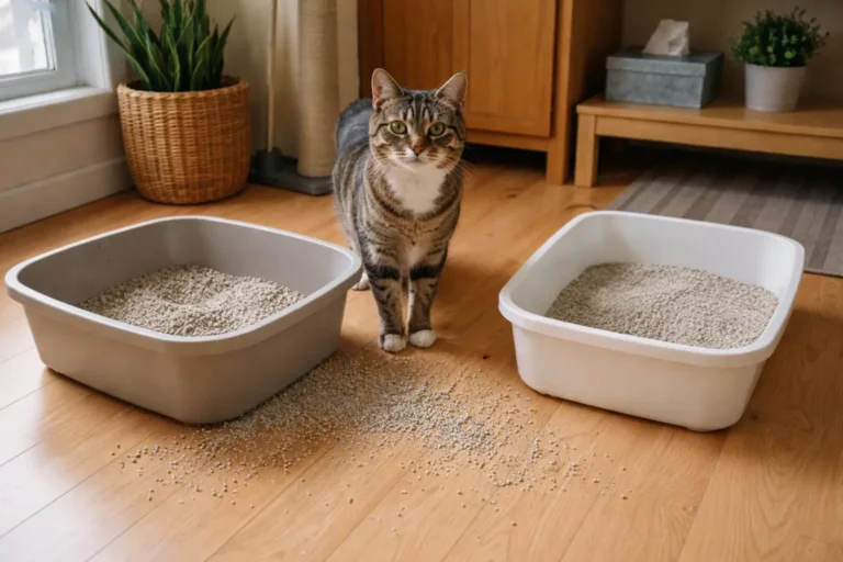 Cat beside a messy litter box