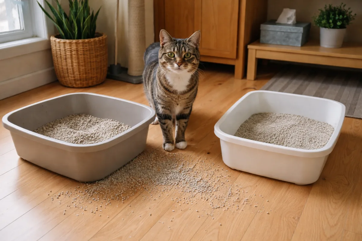 Cat beside a messy litter box