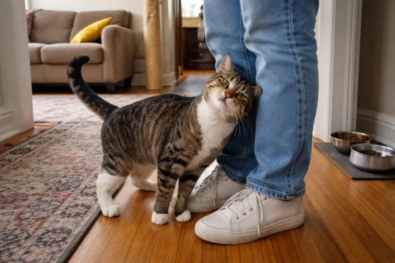 Cat rubbing against a person's leg