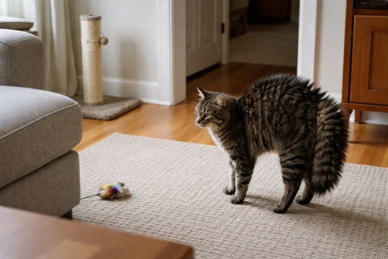 Defensive cat with arched back and alert ears