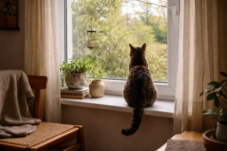 Still cat watching quietly from a window