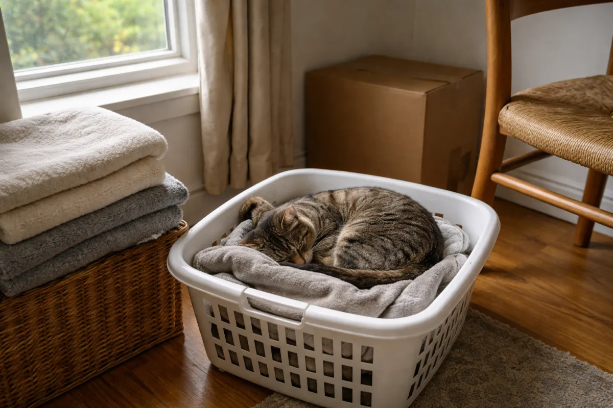 Cat sleeping in a laundry basket