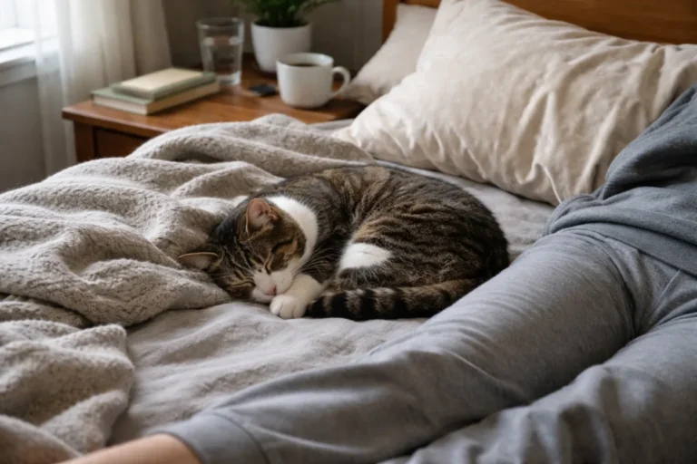 Cat curled up sleeping beside a person