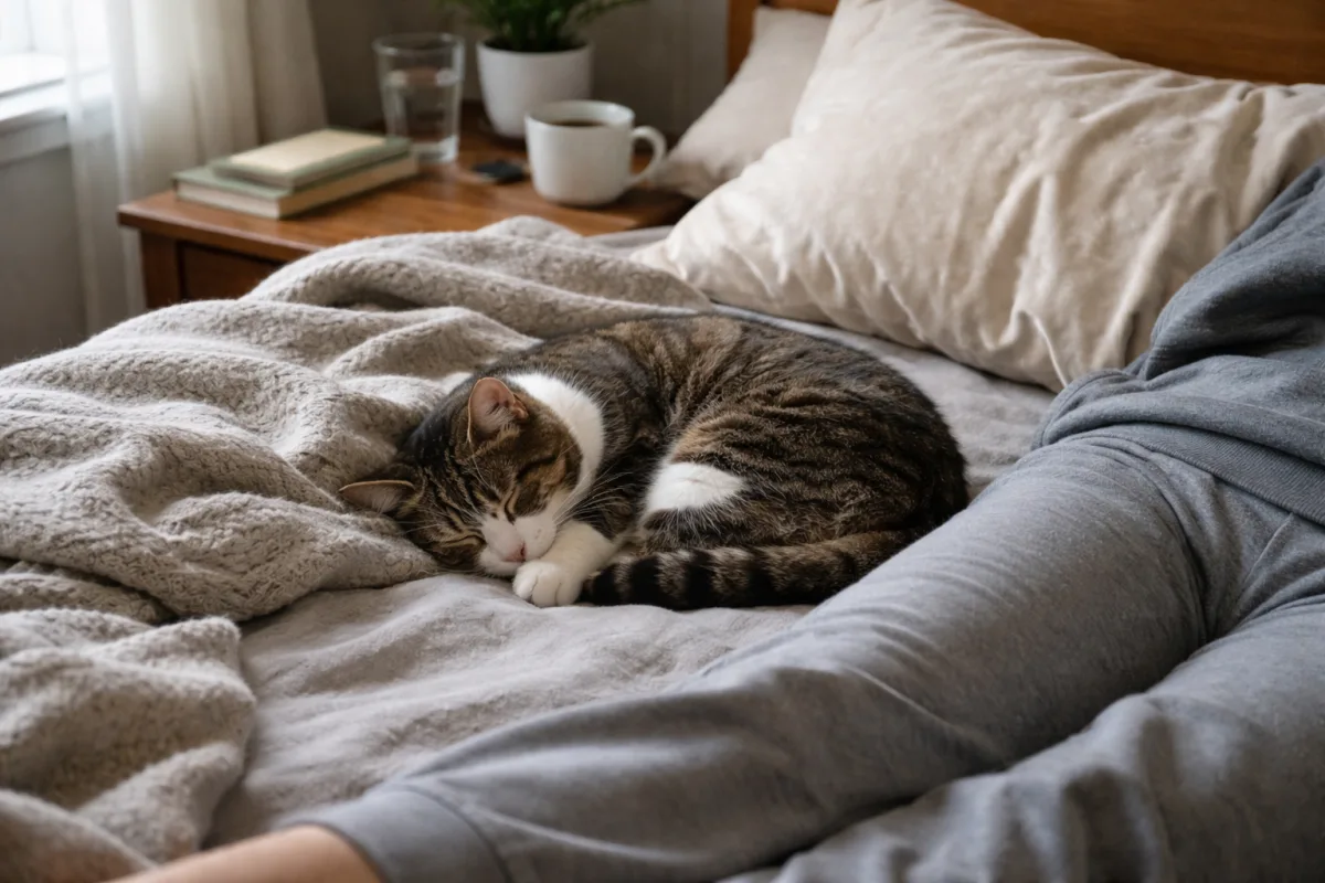 Cat curled up sleeping beside a person