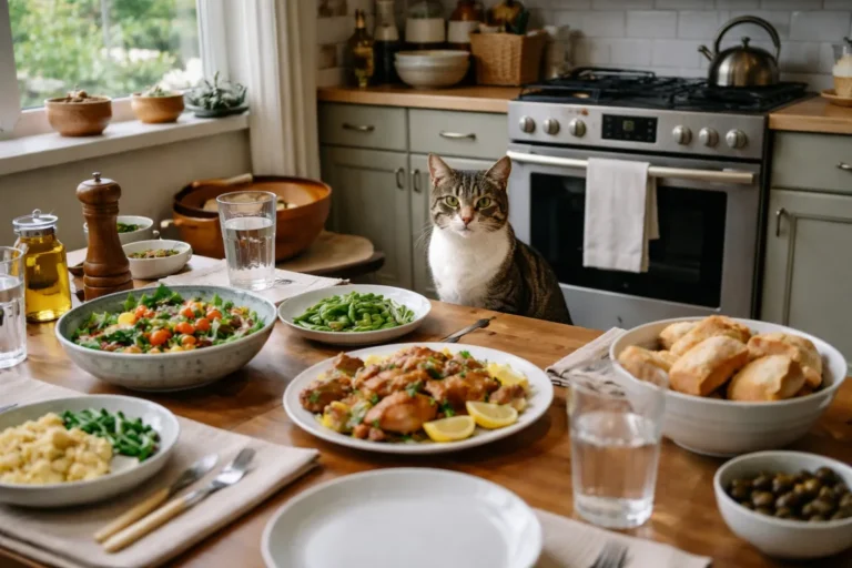 Cat waiting near a dining table
