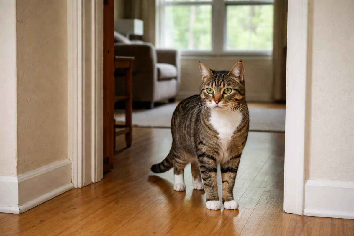 Cat frozen and alert near a doorway