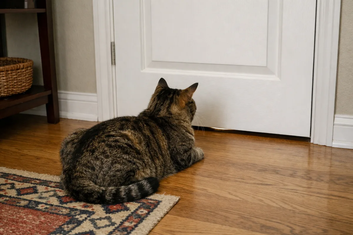 Cat waiting quietly by a closed door