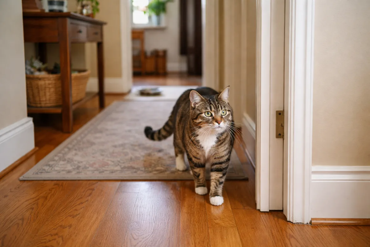 Cat pausing mid-walk in a quiet hallway