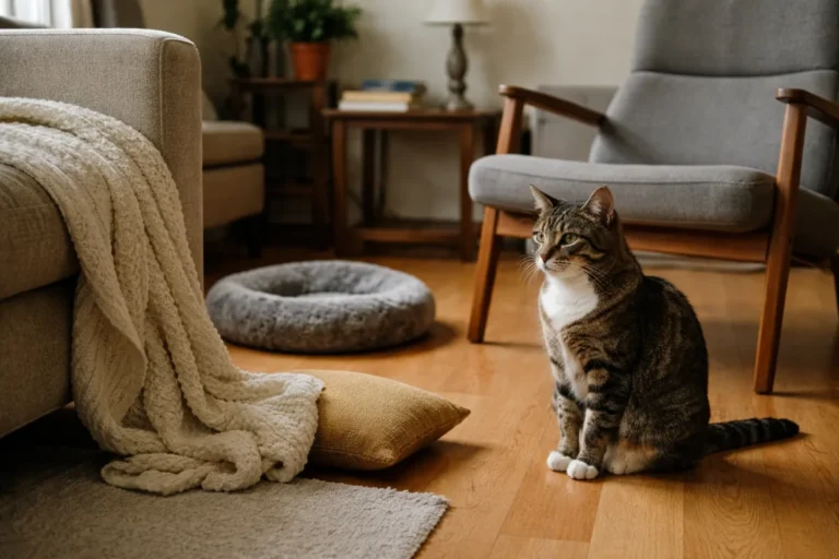 Cat resting beside a couch without touching