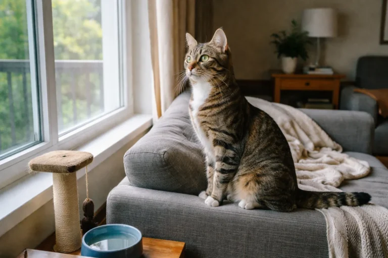 Cat alert on a sofa near a window
