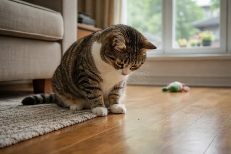 Cat staring at a tiny object on the floor