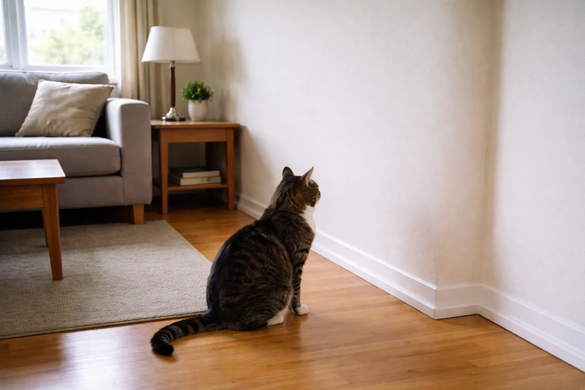 Cat staring at an empty room corner