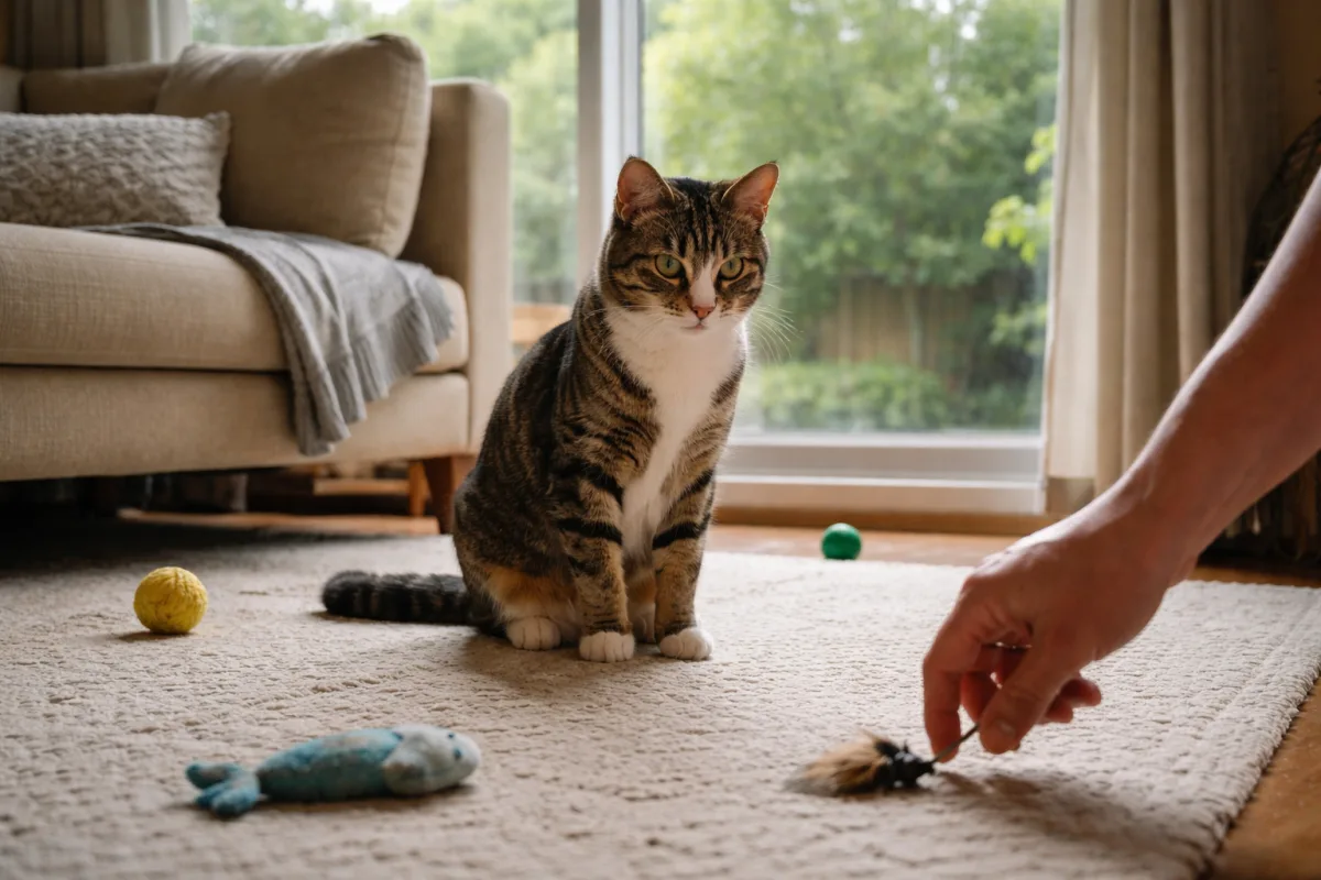 Cat watching a hand move near a window