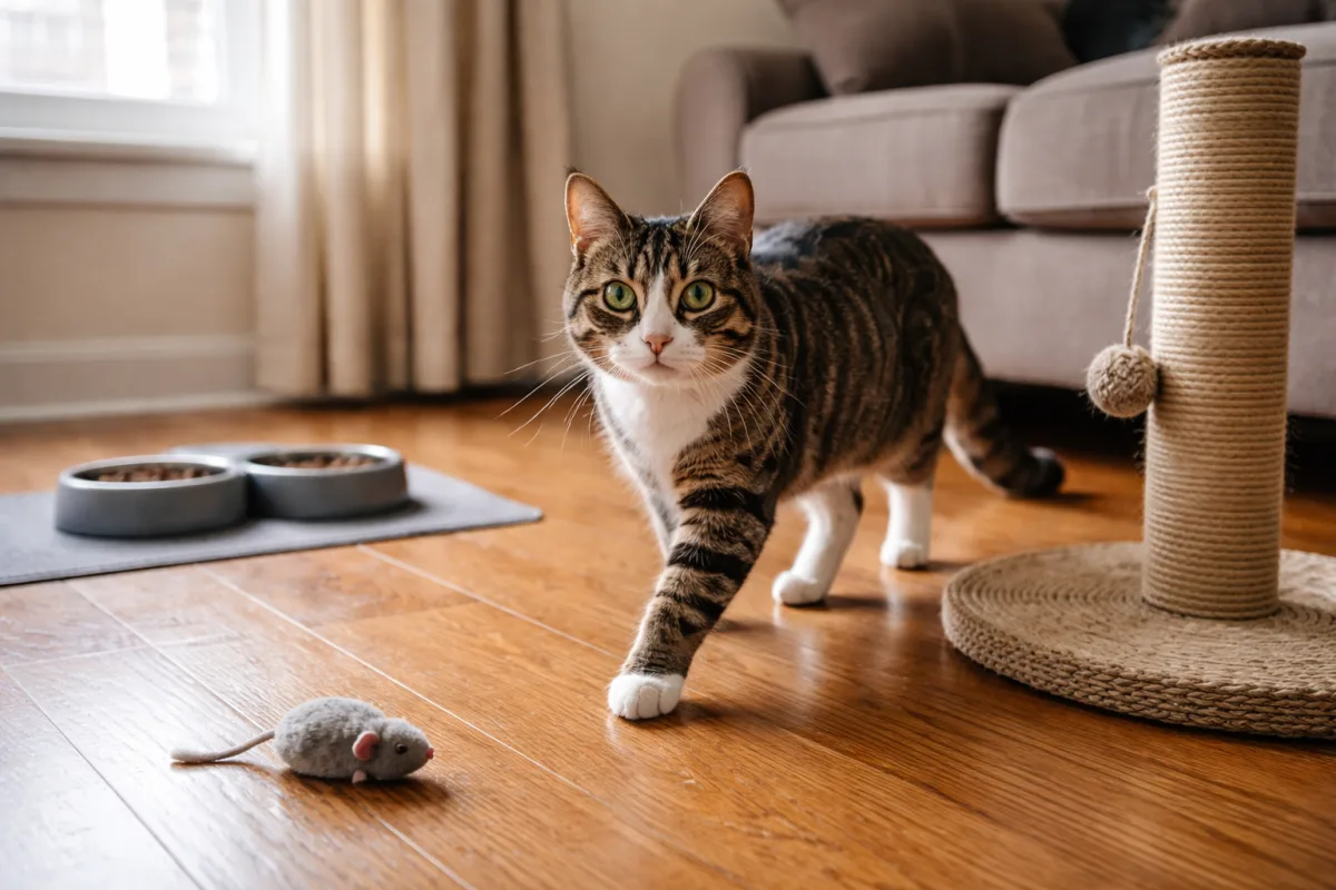 Cat pausing mid-step near a toy
