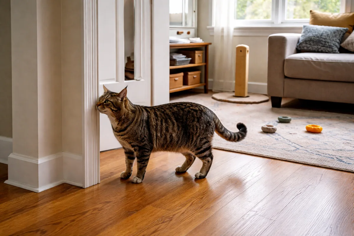 Cat exploring a home hallway