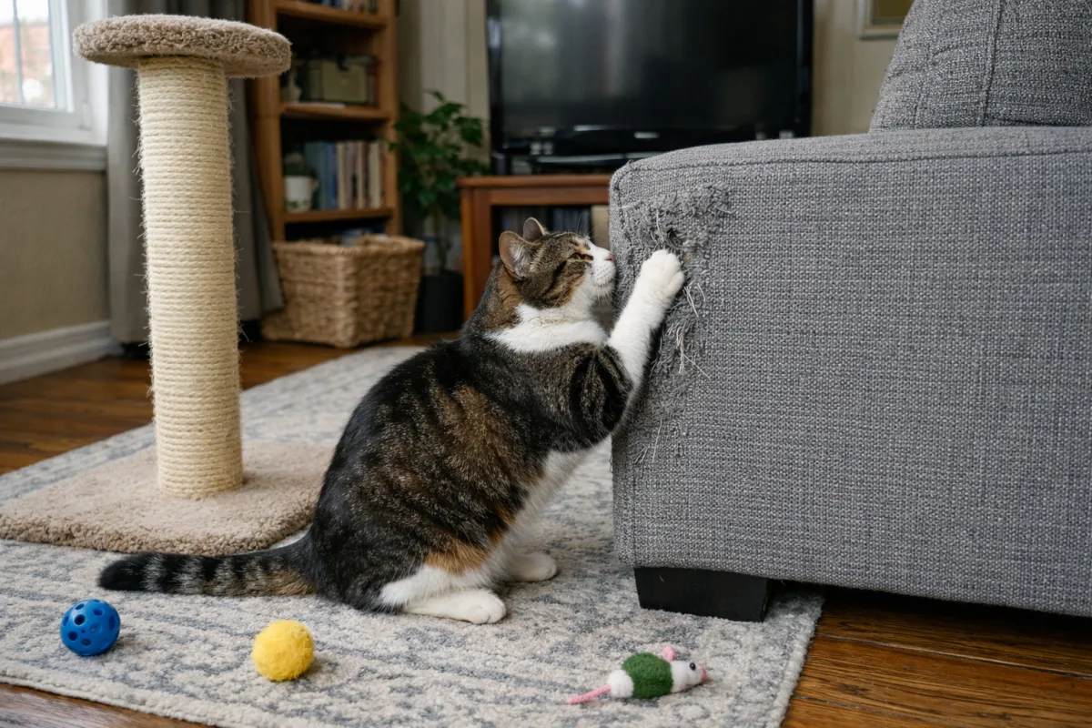 Cat scratching sofa corner