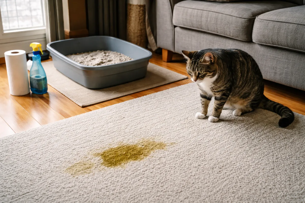Cat beside litter box and urine stain