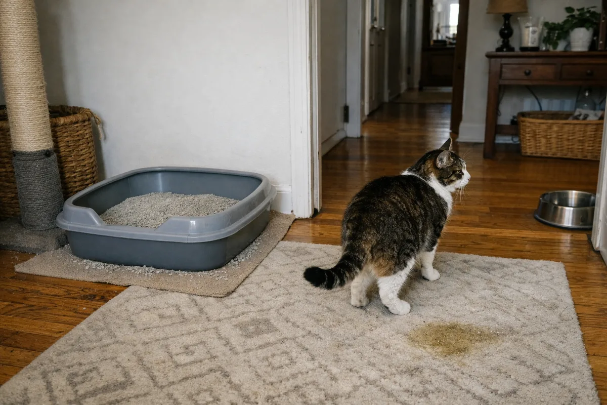 Cat near litter box outside the box