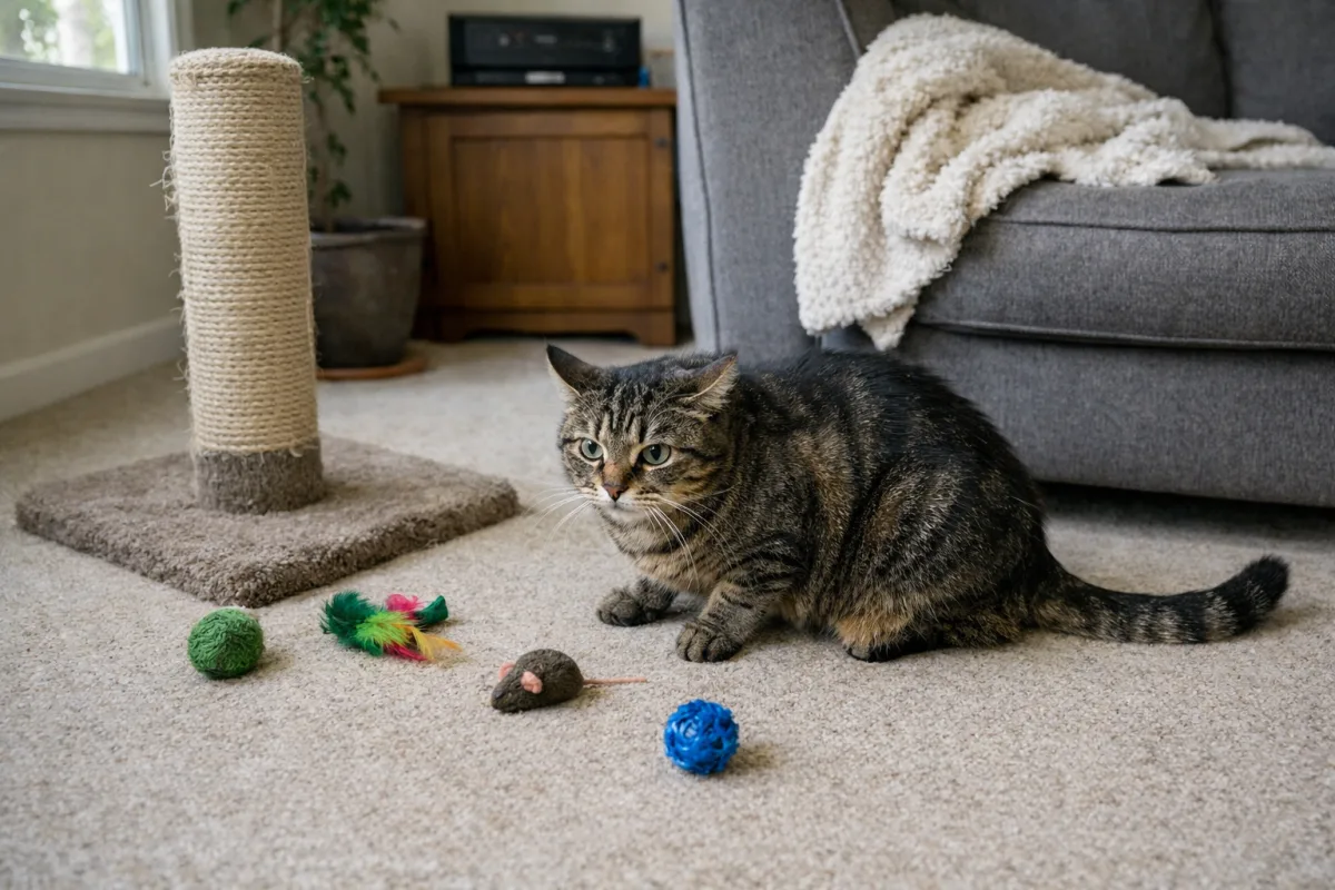 Overstimulated cat beside a sofa