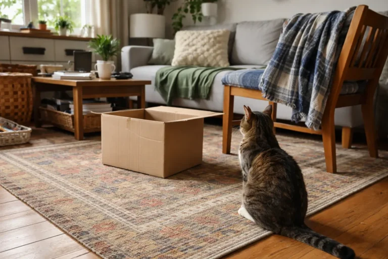 Curious cat observing a small change indoors