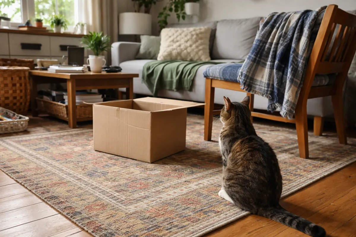Curious cat observing a small change indoors