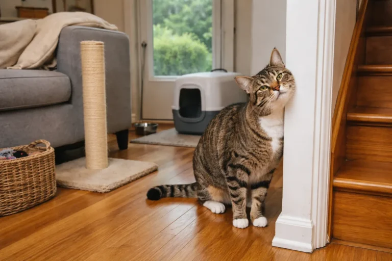 Cat marking territory near a hallway doorway