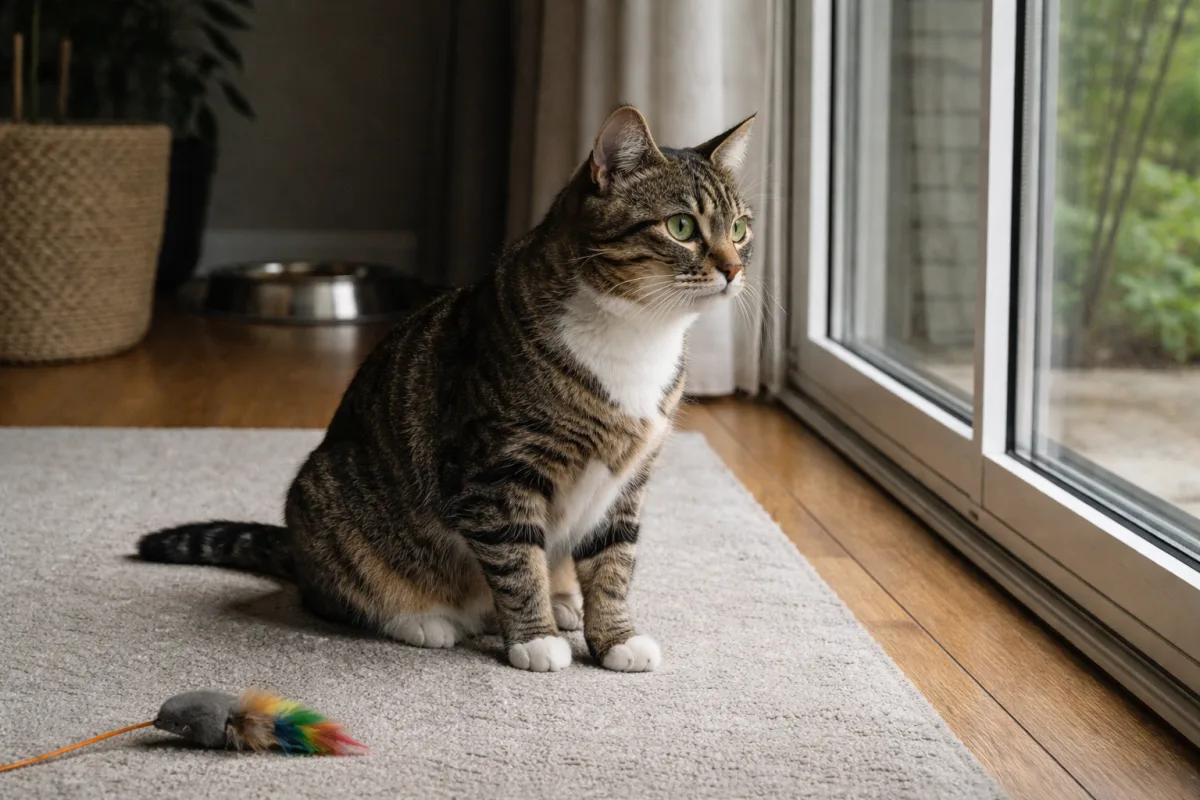 Cat frozen and alert in a quiet room