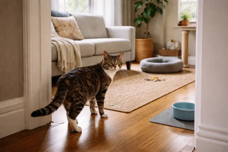 Cat pausing near a doorway and walking away