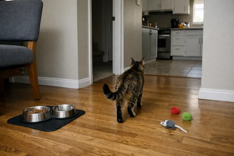 Cat walking toward a person calling from the kitchen